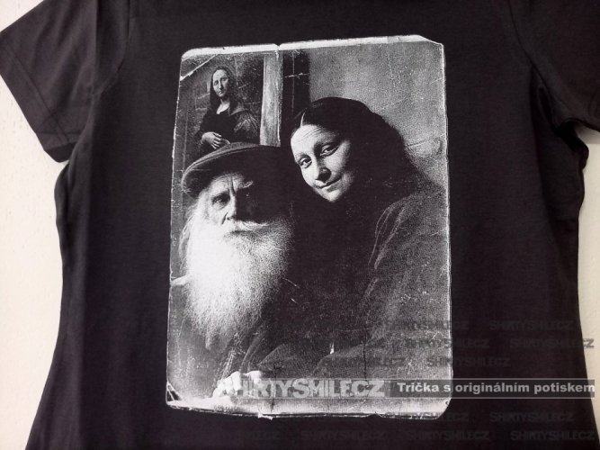 ebenově šedét tričko selfie Leonardo da Vinci a Mona Lisa zvětšení motivu