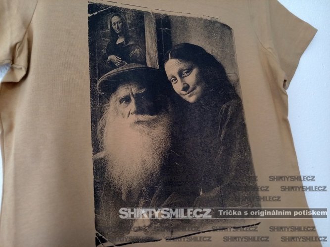 pískové tričko selfie Leonardo da Vinci a Mona Lisa zvětšení motivu