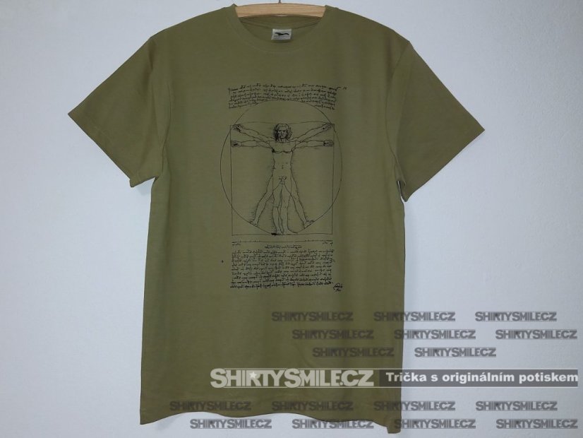 Tričko Leonardo da Vinci Vitruvian Man khaki reálná fotografie