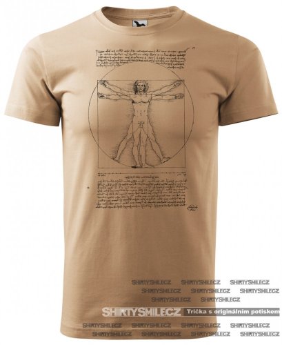 Tričko Vitruvian Man - Střih: unisex, Barva: písková, Velikost: S