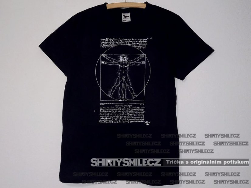Tričko Leonardo da Vinci Vitruvian Man černé reálná fotografie