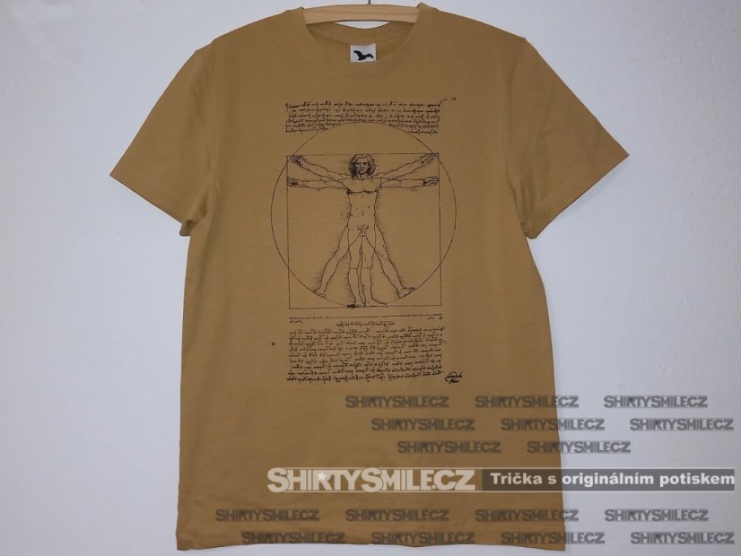 Tričko Leonardo da Vinci Vitruvian Man pískové reálná fotografie