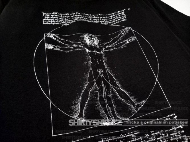 Tričko Leonardo da Vinci Vitruvian Man detail černého