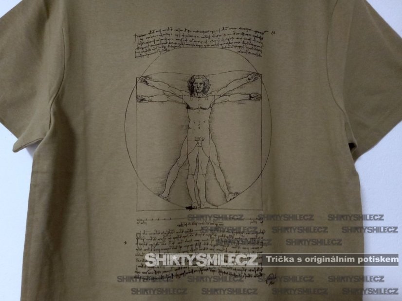 Tričko Leonardo da Vinci Vitruvian Man detail khaki barvy