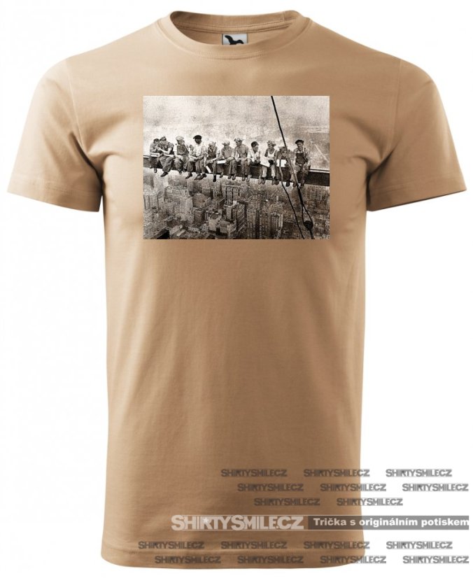 Tričko Oběd na vrcholu mrakodrapu - Střih: unisex, Barva: písková, Velikost: L