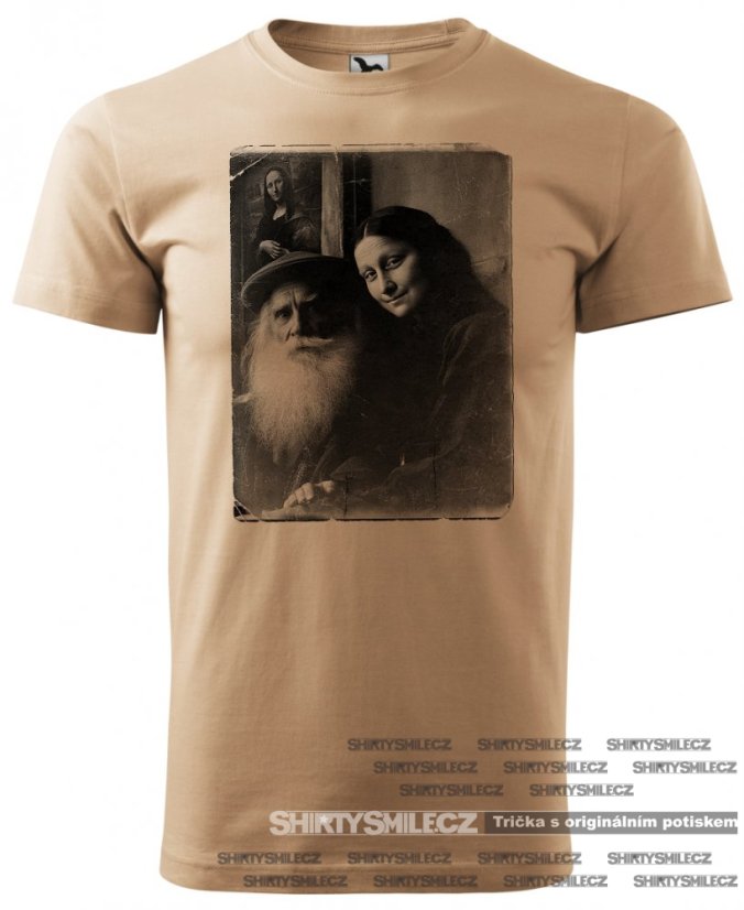 Tričko selfie Leonardo da Vinci a Mona Lisa - Střih: pánské, Barva: písková, Velikost: S