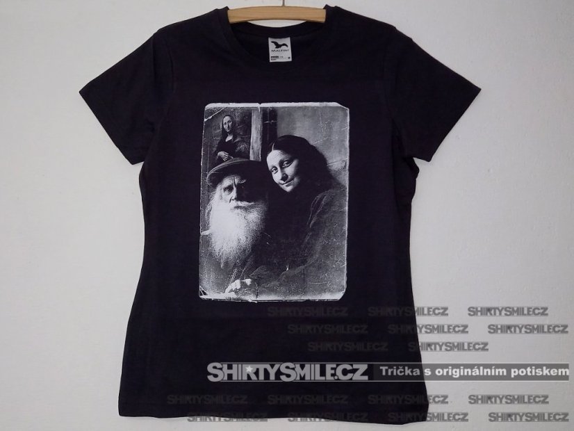 ebenově šedé dámské tričko Leonardo da Vinci a Mona Lisa reálná fotografie